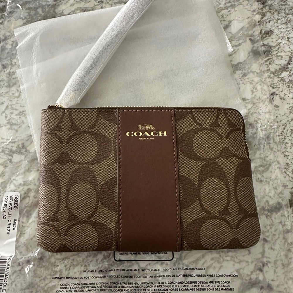 Coach F58035 Signature PVC Leather Corner Zip Wristlet - Beige